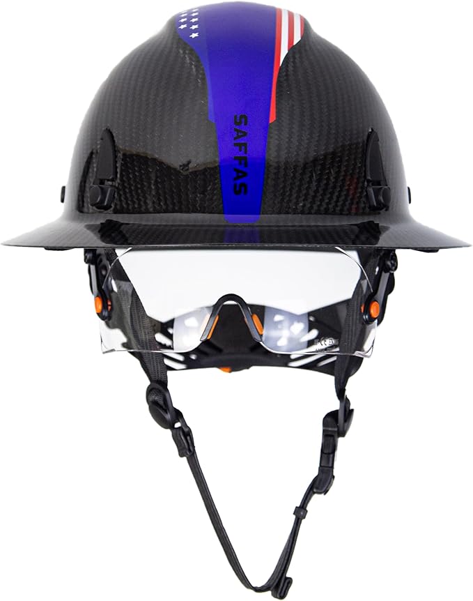 Carbon Fiber Full Brim Hard Hat Safety Helmet with Goggles and Leather Chin Strap 6-Point Suspension Adjustable Knob with Neck Protection