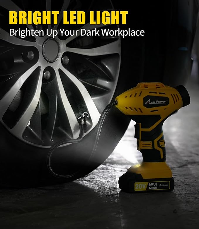 AVID POWER Cordless Tire Inflator Portable Air Compressor, 20V Rechargeable Battery Powered Car Tire Pump w/ 12V DC Adapter, Digital Pressure Gauge, Air Pump for Car, Bike, Motorcycle, Ball