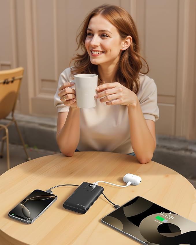 charmast Portable Charger 20000mAh with Wall Plug, Fast Charging Power Bank USB C, 20W PD Battery Pack with Built-in Cables Travel Essential for iPhone 16/15/14, Samsung, iPad More Devices (Black)