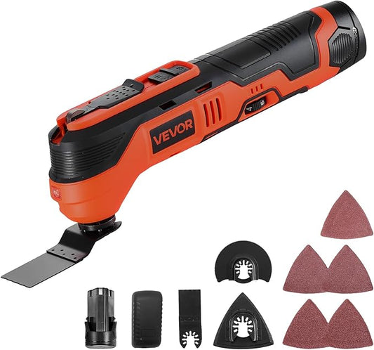 VEVOR Cordless Oscillating Tool, 12V Multitool Oscillating Saw Tool with 6 Variable Speeds 6000-17500 OPM, 3.2° Oscillation Angle, 2.0Ah Battery Pack & Charger, 8PCS Saw Accessories & LED Work Light