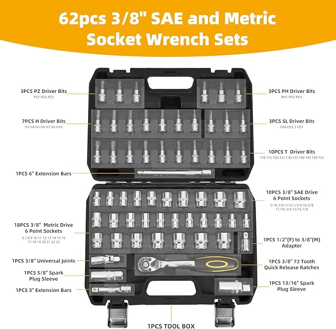 Socket Wrench Set, 62PCS 3/8" Ratcheting Wrench Set With 72 Tooth Count Ratchet, SAE & Metric From 5/16" - 7/8 ", 6mm - 23mm,Tool Set For Home Use and Automotive Repair
