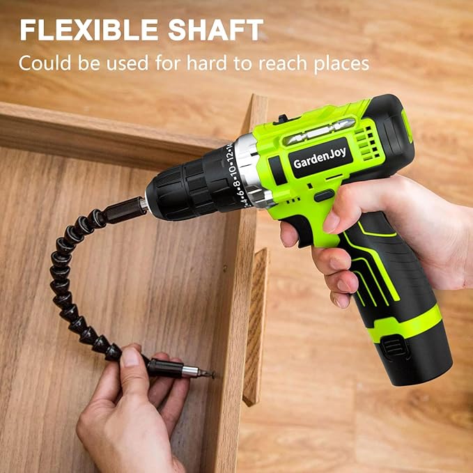 GardenJoy Cordless Power Drill Set: 12V Electric Drill with Battery and Charger, 65pcs Acessories, 3/8"Keyless Chuck, 2 Variable Speed, 24+1 Position, Compact Drill Driver Kit for Home & DIY Project
