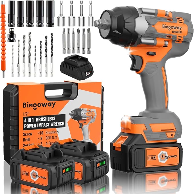 900N.m Brushless Cordless Impact Wrench, 1/2" Electric Impact Gun, 4-Function Power Impact Driver With 25pcs Tool Accessories, 2pcs 4.0Ah Batteries, LED Lights, Variable Speed, For Housework, Repair