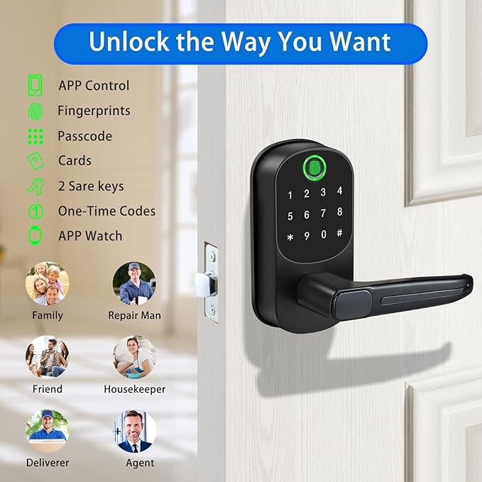 Smart Lock with Handle,Keyless Entry Door Lock,Digital Keypad Deadbolt with App Control, Fingerprint Unlock, PIN Code Unlock, Auto Locking,Smart Locks for Front Door/Exterior/Interior/Bedroom Doors