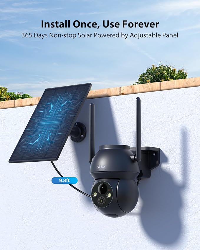 Xega 4 Pack Solar WiFi Camera Outdoor Wireless, 2K PTZ Security Camera with Rechargeable Battery, Color Night Vision, PIR Motion Detection, 2-Way Audio Spotlight & Siren, TF/Cloud Sttorage IP66
