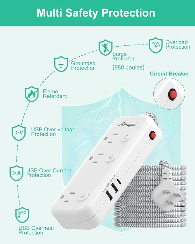15FT Surge Protector Power Strip with Individual Switches 6 Outlets 3 USB(17W USB C), Ultra Thin Flat Plug Braided Cord, Wall Mount Extension Cord with Overload Protection for Home Office Dorm 1625W