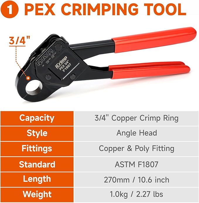 iCrimp IWS-1807CE PEX Crimping Tool Kit c/w Angle 1/2'' & 3/4'' PEX Crimpers and PEX Tubing Cutter for F1807 PEX Crimp Fittings and Copper Crimp Rings