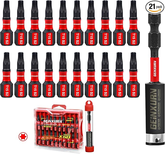 20Pieces 1 In. T15 Impact Tough Magnetic Screwdriver Bit Set, #15 Torx Head Insert Bits, S2 Alloy Steel Star Bits with 1Pc Impact Bit Holder and Storage M-Box