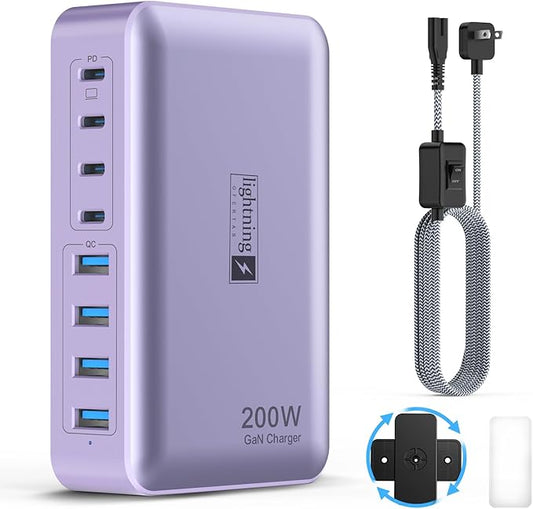 8-Port Type C Fast Charger Block 200W with Flat Plug, Braided Power Cord, and On/Off Switch- USB Charging Hub for iPhone, iPad, MacBook and More- 65W C Port Power Adapter for Laptops