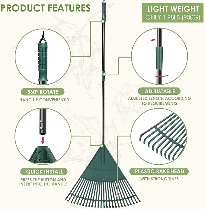 ORIENTOOLS Garden Leaf Rake, Garden Rakes for Lawns Leaves with 47-65" Adjustable Black Handle Rake, 26 Strong Tines Plastic Head Shrub Rake, Yard Garden Rake for Lawns, Flower Beds Leaves Cleaning