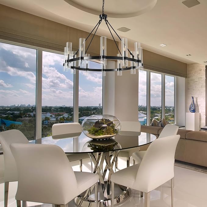 43 Inch Black Wagon Wheel Chandelier, 12 Lights with Glass Shades Light Fixtures, Large Modern Farmhouse Pendant Light for Dining Room, Living Room, Kitchen, Foyer, High Ceilings