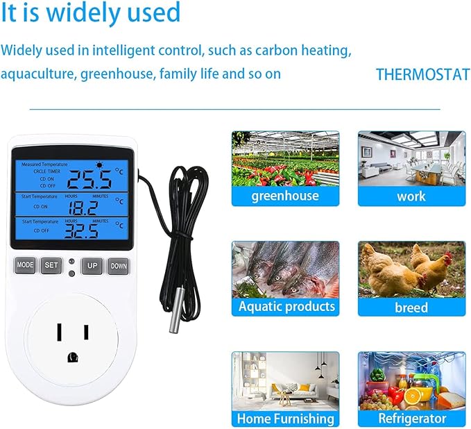 Backlit Digital Temperature Controller, LCD Screen Heating Cooling Thermostat Outlet Socket with Sensor Timer Regulator for Reptile Incubator Greenhouse Brewing Refrigerator, 120V, 15A, ℉/℃