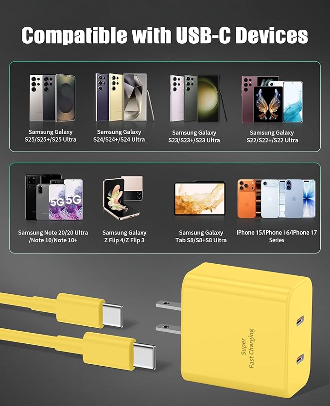 2 Pack 45W Super Fast Charger Type C for Samsung, USB C Android Phone Charger Fast Charging Block with 6FT/10FT Type C Charger Cord for Samsung Galaxy S25/S24/S23/S22+ Ultra/iPhone 17/16/15-Yellow