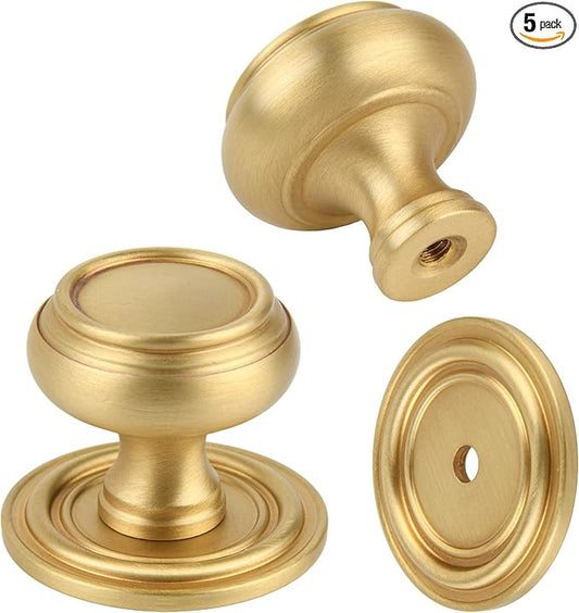 5 Pack Brushed Gold Solid Brass Kitchen Cabinet Knobs, Drawer Pulls, 1.18 Inch 30mm Diameter, Modern Furniture Handles for Cupboard Wardrobe(Antique)