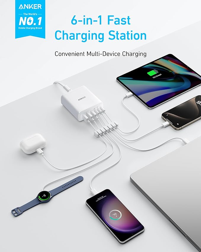 Anker Desktop Charger, Fast Charging USB C Charger, 112W Max 6-Port Charging Station, for iPhone, iPad, MacBook, Samsung and More (Cable Not Included)