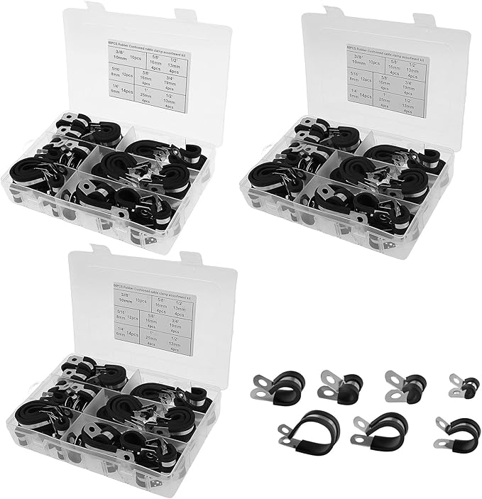 180 Pcs Cable Clamps Assortment Kit, 7 Sizes 304 Stainless Steel Metal Cable Clamp 1/4" 5/16" 3/8" 1/2" 5/8" 3/4" 1" Insulated Wire Clamps Cushion Rubber Coated Pipe Hose Clamp for Pipes and Hoses