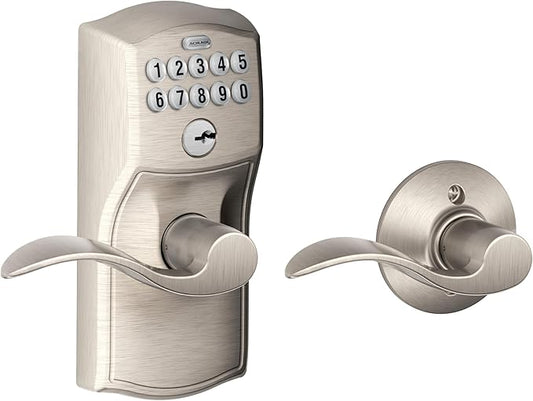 Schlage FE575 CAM 619 ACC Camelot Keypad Lock with Accent Lever, Auto-Lock, Electronic Keyless Entry, Satin Nickel