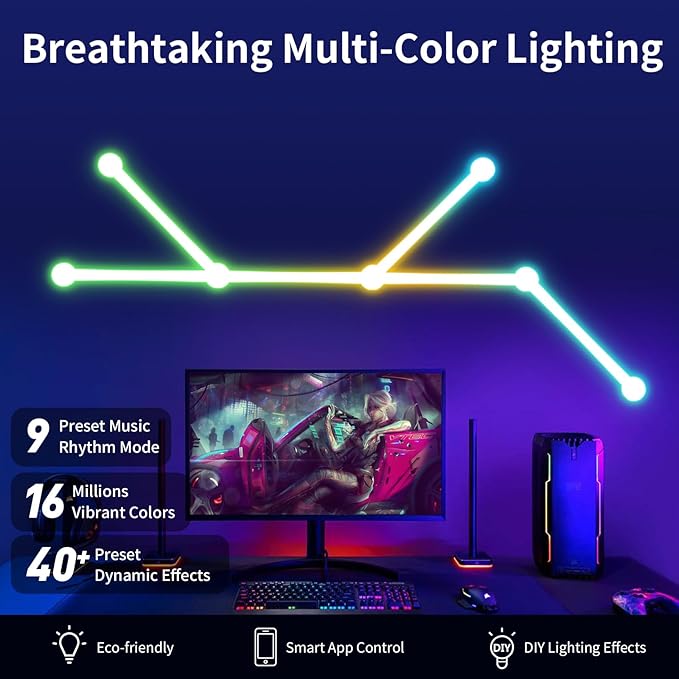 Smart Wall Light Lines, WiFi RGB LED Light Bars, 16M+ Color Dimmable Music Sync DIY Home Decor Light Bars for Gaming Party Streaming Lovers, Work with Alexa & Google Assistant (6 Lines,White)