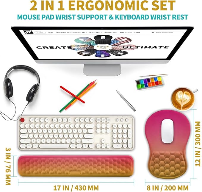 Hokafenle 2 in 1 Ergonomic Mouse Pad Wrist Support & Wrist Rest for Computer Keyboard Set, with Relieve Carpal Tunnel Pain Massage Bulge and Full Memory Gel Design (2In1 Set, Sunset Glow)