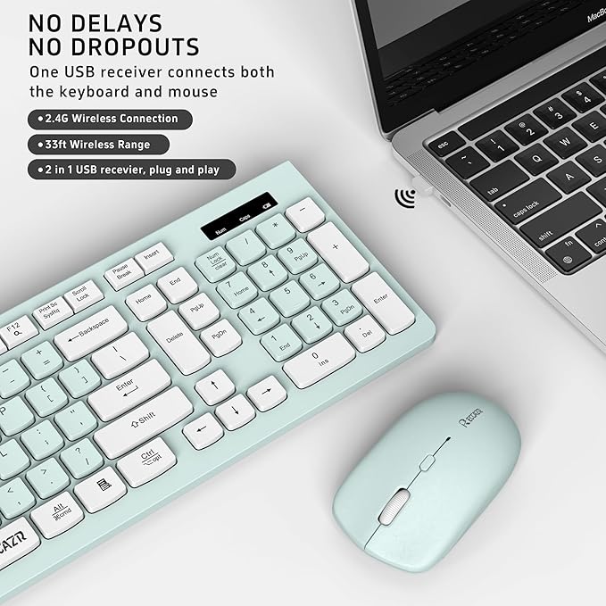 Wireless Keyboard and Mouse Combo, Full-Sized Wireless Keyboard and Adjustable DPI Mouse, 2.4GHz USB Receiver, Wireless Keyboard and Mouse for PC, Windows, Desktop, Laptop (Mint Green and White)