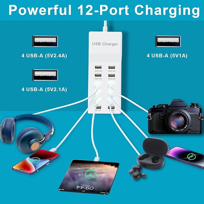 Multiple USB Charger Station 12 multiport Charger Station Hub with Fast Charging Wall Charger for Multiple Devices USB Charging Port Compatible with Cell iPhone Android Smartphone Smart Watch