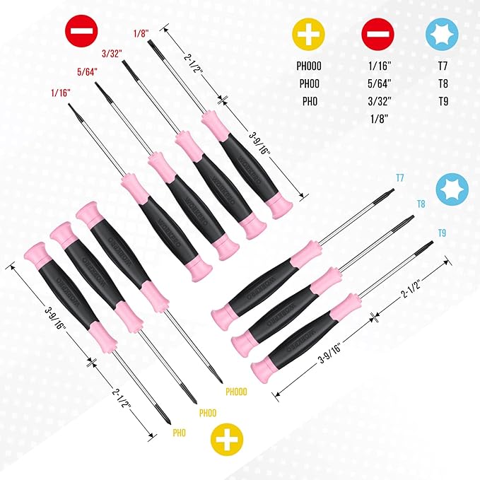 WORKPRO 10-Piece Precision Screwdriver Set with Pink Pouch, Phillips, Slotted, Torx Star, Magnetic Tip Small Screwdriver Repair Kit, for Eyeglass, Watch, Computer, Laptop and Phone - Pink Ribbon