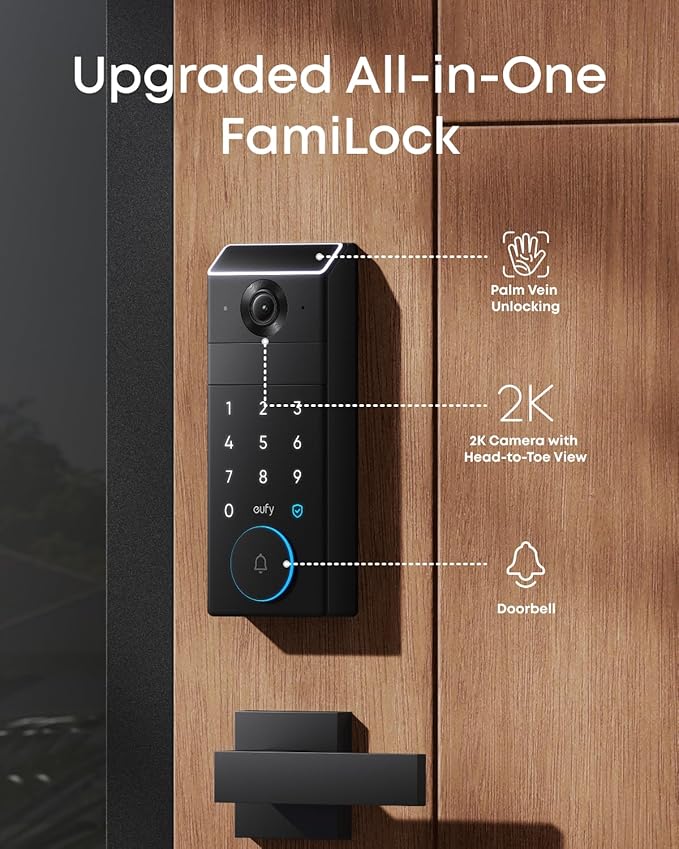 eufy FamiLock S3 Max Smart Lock with Palm Vein Recognition - Keyless Entry Door Lock for Front Door, 3-in-1 Wi-Fi Keypad Deadbolt+ 2K HDR Camera+ Doorbell, ANSI/BHMA Grade 1, Rear Lock Video Screen