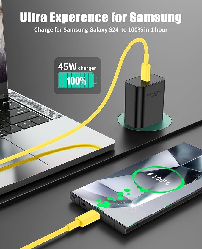 45W Super Fast Charger Type C for Samsung S24, USB C Android Phone Charger Fast Charging Block with 6FT/10FT Type C Charger Cord for Samsung Galaxy S24+ Ultra/S23+ Ultra/S22+ Ultra/iPhone 17/16-Yellow