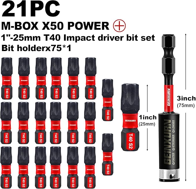 20Pieces 1 In. T40 Impact Tough Magnetic Screwdriver Bit Set, #40 Torx Head Insert Bits, S2 Alloy Steel Star Bits with 1Pc Impact Bit Holder and Storage M-Box