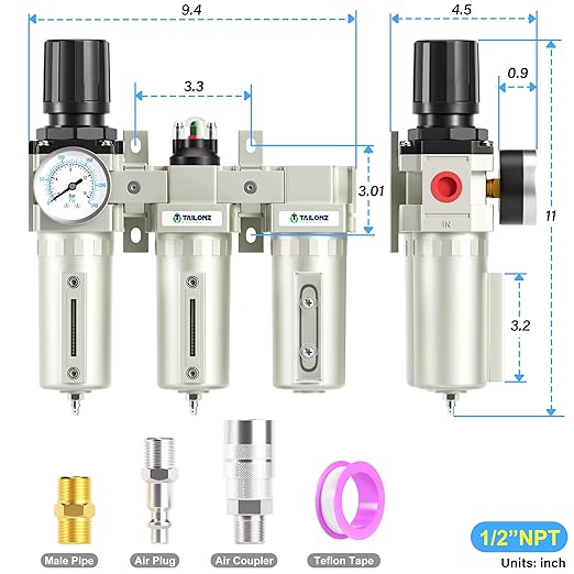 TAILONZ PNEUMATIC 0-240PSI 1/2 Inch NPT Industrial Grade Three Stage Air Drying System, Particulate Filter, Coalescing Filter, Desiccant Dryer and Air Regulator (Manual Drainage)