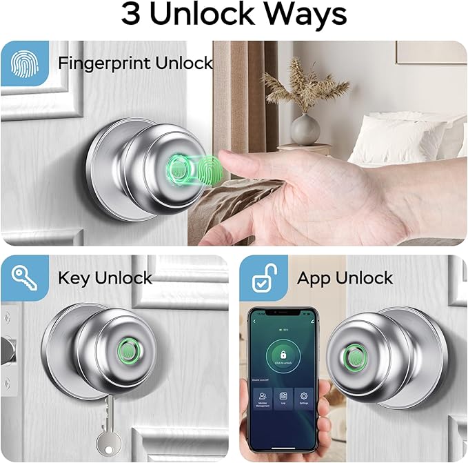 GeekTale Fingerprint Door Lock for Bedrooms, Fingerprint Door Knob with Lock, Smart Door Lock, App Control, Back-up Keys, Thumbprint Door Knob for Bedrooms, Office, Apartment
