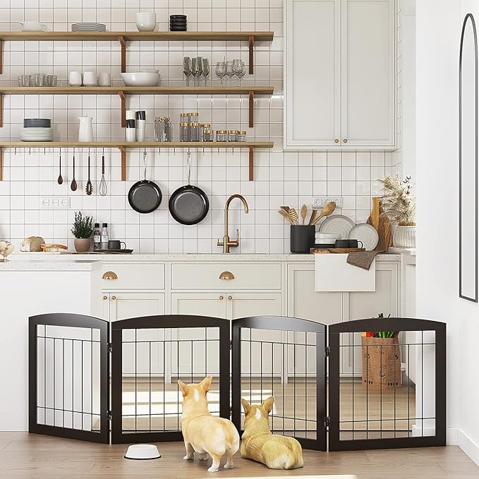 PAWLAND Dog Gate for The House Doorway Stairs Foldable Freestanding Indoor Pet Gate for Dogs Wooden Puppy Safety Fence 80" Wide 24" Height 4 Panels, Espresso