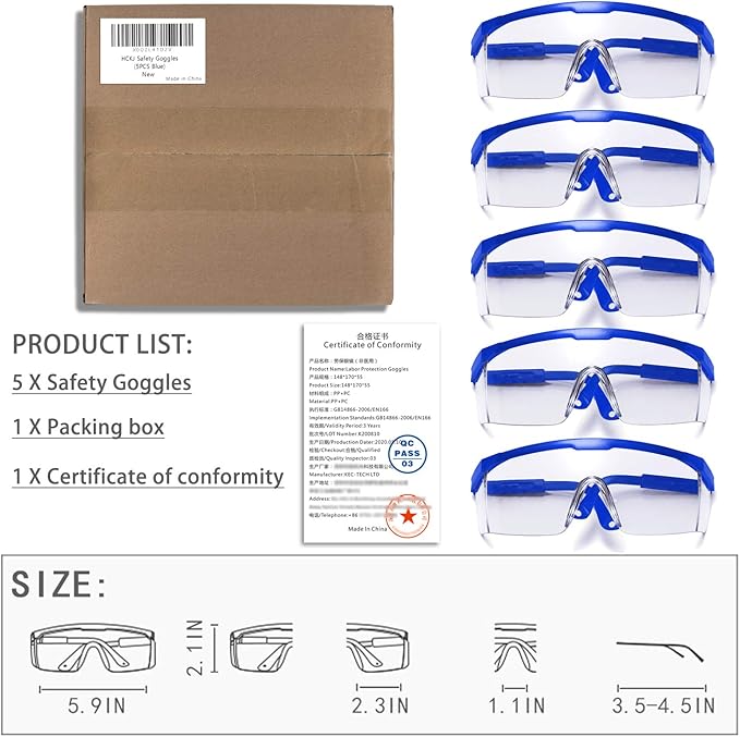 Safety Glasses, 5PCS Adjustable Wide-Vision Protective Glasses, Lightweight Fog-Proof Safety Goggles