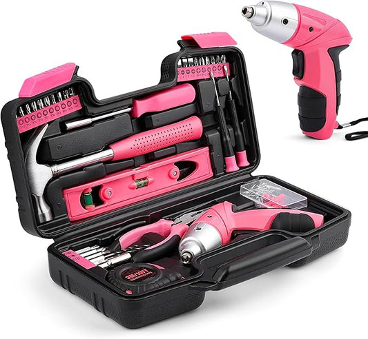 Electric Screwdriver Tool Set 112PCS, Home Tool Kit with 3.6V Small Power Cordless Screwdriver for Women, Pink