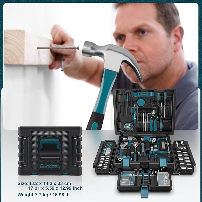 Sundpey 379-PCs Home Tool Kit - Portable Complete Household and Auto Repair Tool Set - Hand General Basic Tool Box Storage Case with Drawer - Full Basic Toolkit for Handyman & Diyer & Homeowner