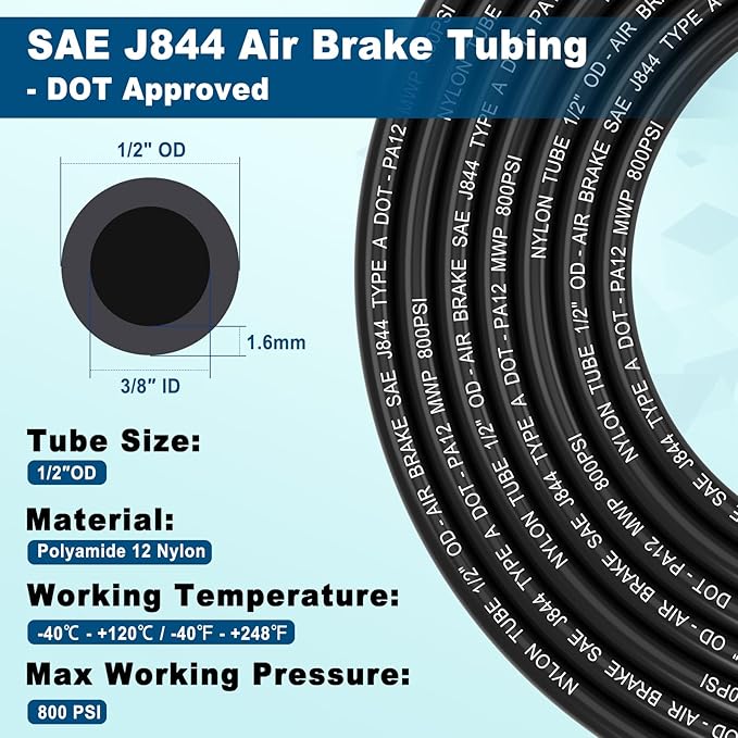 100FT 1/2 DOT Air Line SAE J844 PA12 Nylon Air Hose with Cutter 1/2” OD Pneumatic Tubing DOT Approved 1/2 Air Brake Hose for Air Suspension Kit Truck Trailer Brake System & Fluid Transfer 30.5m