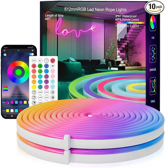 Neon Rope Lights, 40FT（2 Rolls of 20ft ） RGB Led Strip, Waterproof IP67, DIY Design, Music Sync, 44 Keys Remote Control, Multiple Modes, for Living Room, Bedroom, Holiday Decoration