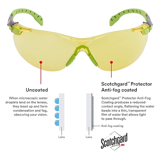 3M Safety Glasses, Solus 1000 Series, ANSI Z87, Scotchgard Anti-Fog, Amber Lens, Green/Black Frame