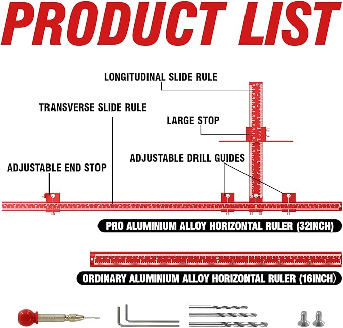 Extended Cabinet Hardware Jig Kit, 32-inch & 16-inch Detachable MAX Cabinet Handle Jig with Auto Center Punch, Aluminium Alloy Cabinet Handle Template Drill Guide, Drawer Pull Jig for Handle Knob Pull