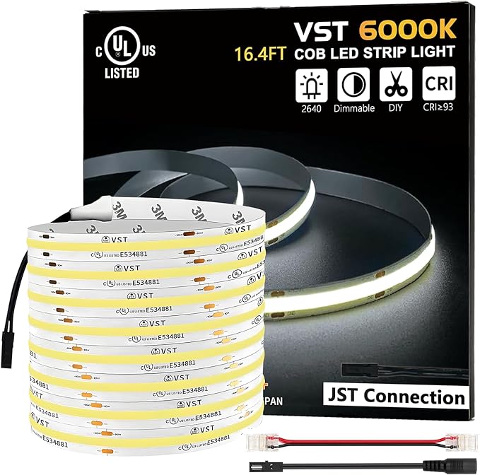 VST 16.4ft COB LED Strip Lights Cool White 6000K, 24V Dimmable LED Tape Light, 48w, 2640 LEDs, Ra 93+, IP30, Lighting for Kitchen, Cabinets, UL Listed (Power Source Not Included)