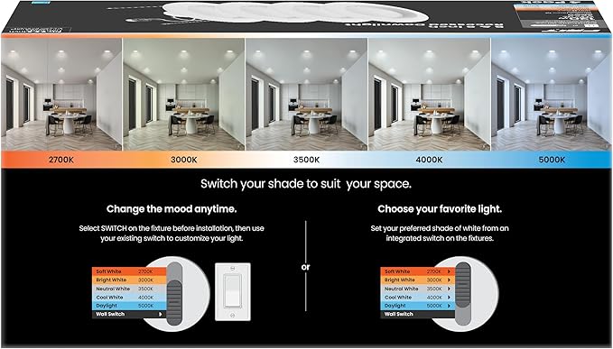 Feit Electric 5/6 Inch LED Recessed Downlight, 22.5W (120W Eqv), Dimmable, Adjustable White 2700K–5000K, Retrofit Kit, E26 Adapter, Ideal for Larger Spaces or High Ceilings, LEDR56XHO/6WYCA/4, 4 Pack