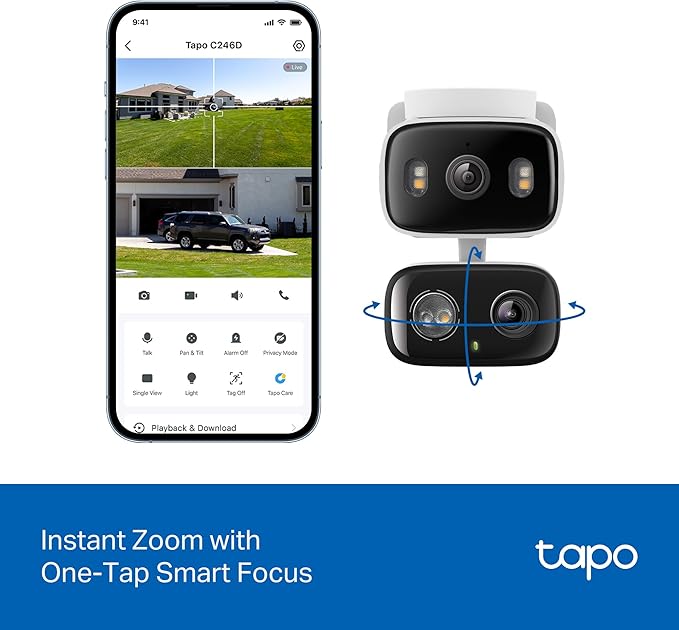 Tapo 2K 3MP Indoor/Outdoor Dual Lens Pan/Tilt Security Camera – 125° Wide-Angle + 6mm Telephoto, 360° Pan, Free Person/Vehicle Detection, SD/Cloud Storage, Works w/Alexa & Google Home – HybridCam Duo