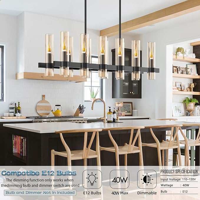 Modern Black Island Rectangle Chandelier with Amber Glass,48” Adjustable Height Modern Linear Light Fixture 12 Light Dining Room Chandelier Over Table for Dining Room Kithen Island