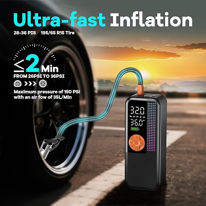 Portable Tire Inflator Air Compressor, 150 PSI Cordless Air Pump, 6000mAh Battery & 12V Car Outlet, Digital Pressure Gauge, Auto Shut-Off, Fast 24L/Min, LED Light, 4 Preset Modes for Car, Bike, Balls