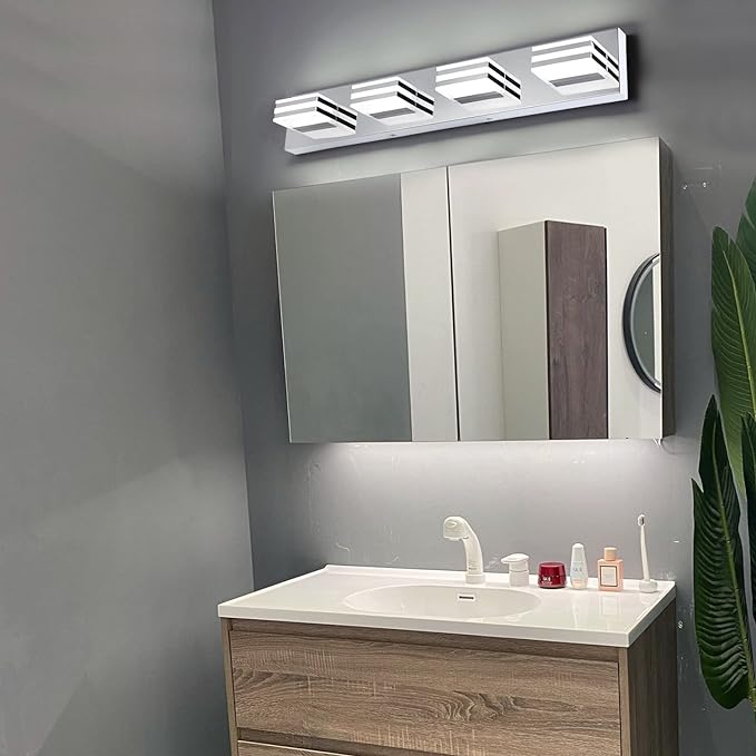 LED Vanity Lights for Bathroom 4 Light Bathroom Lamp over Vanity 27Inch Bathoom Mirror Light Fixtures Modern Bath Bar Lighting Chrome Vanity Lighting Fixtures 24W Restroom Light Fixture 6000K