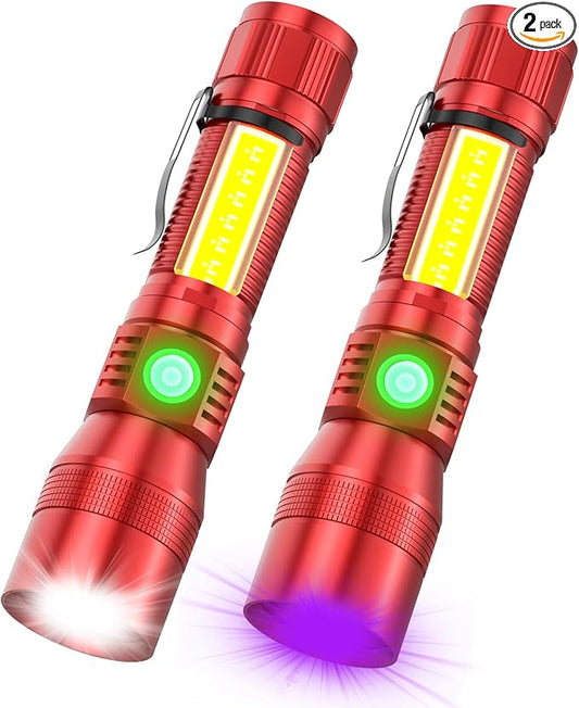 UV Rechargeable Flashlights Tactical,1000 High Lumens 3 in 1 LED Black Light Flashlight -Magnetic Base/Sidelight/Zoomable, Bright Pocket Flash Light for Stains Detection Camping Emergency,Red