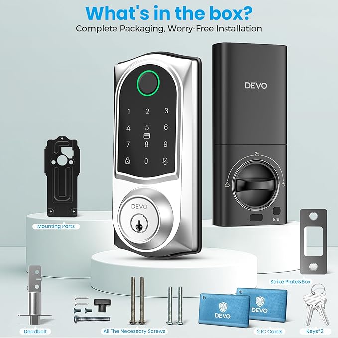 DEVO G10 WiFi Smart Deadbolt Lock, 6-in-1 Keyless Entry with Fingerprint, APP Remote Control, Digital Keypad, Front Door Lock，Auto-Locks,Easy Install，IP54 Waterproof