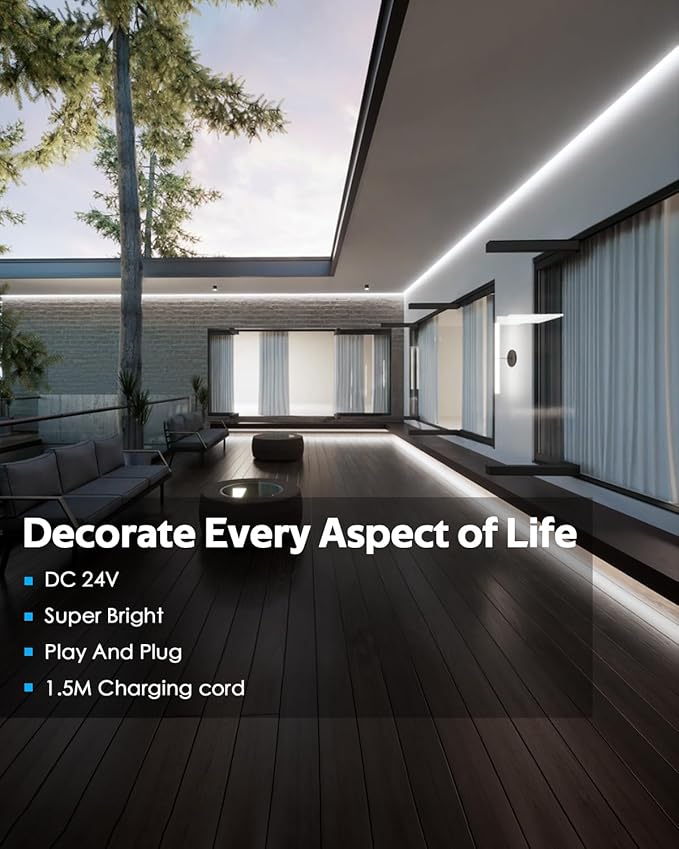 Outdoor LED Light Strips with Remote 32.8FT 24V LED COB Light Strip 6000K Daylight White Waterproof LED Tape Light Flexible Tunable 3200LEDs/10M for Patio Balcony (Adapter are Included)