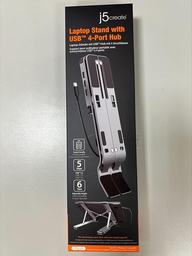 j5create Portable Aluminum Laptop Stand with USB 4-Port Hub, Foldable and Adjustable Notebook Riser with 4 USB-A Ports for MacBook, Laptop, and Tablet up to 16" (JTS223)