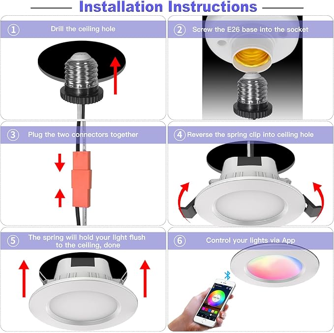 4" Smart Recessed Lighting 6 Pack, Dimmable, Multicolorred, 2700K~6500K, CRI80+, Color Changing Retrofit Bluetooth Mesh LED Ceiling Light, 4 Inch RGB Canless LED Downlight